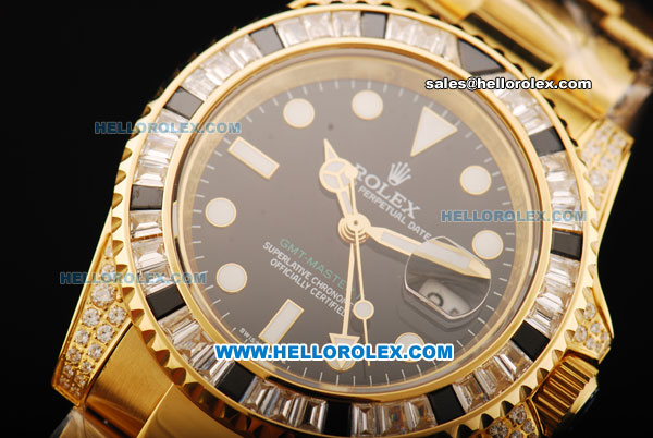 Rolex GMT Master II Swiss ETA 2836 Automatic Movement Full Gold with Black Dial and Diamond Bezel - Click Image to Close